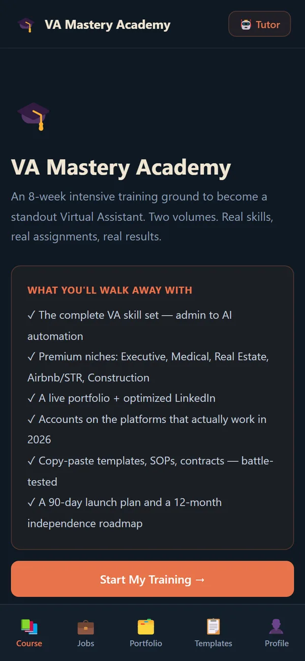 VA Mastery Academy home screen: what you will walk away with